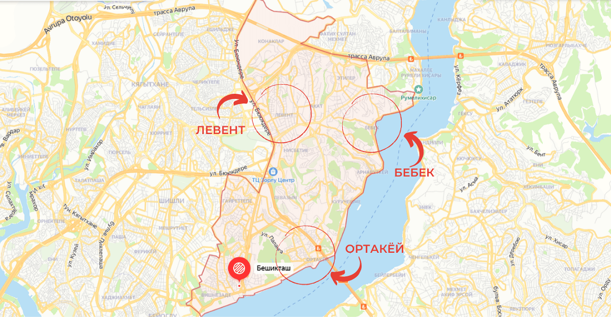 район Бешикташ на карте Стамбула